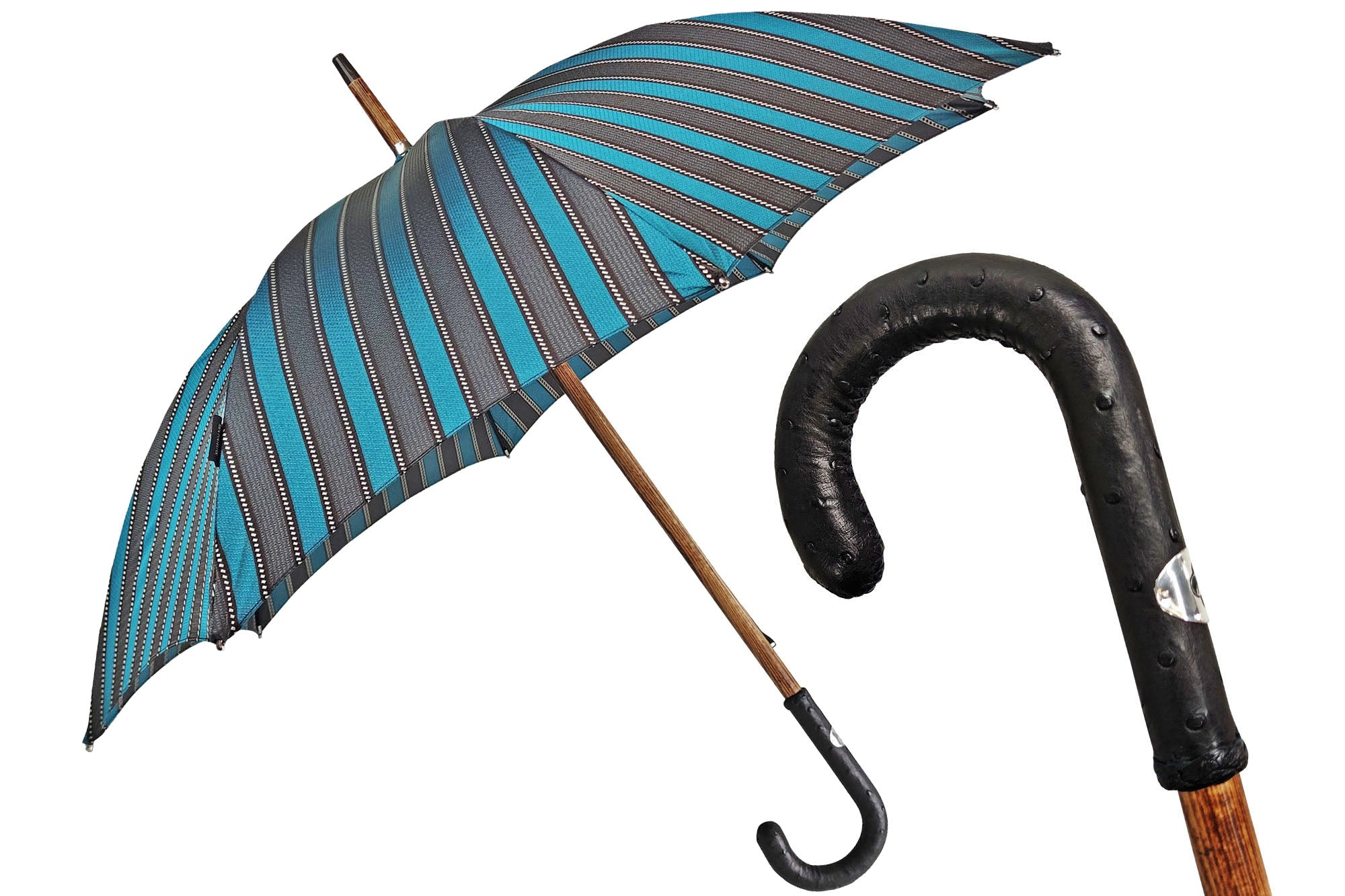 Men's Umbrella – Handmade Italian Classic with Ostrich Leather Handle & Jacquard Canopy