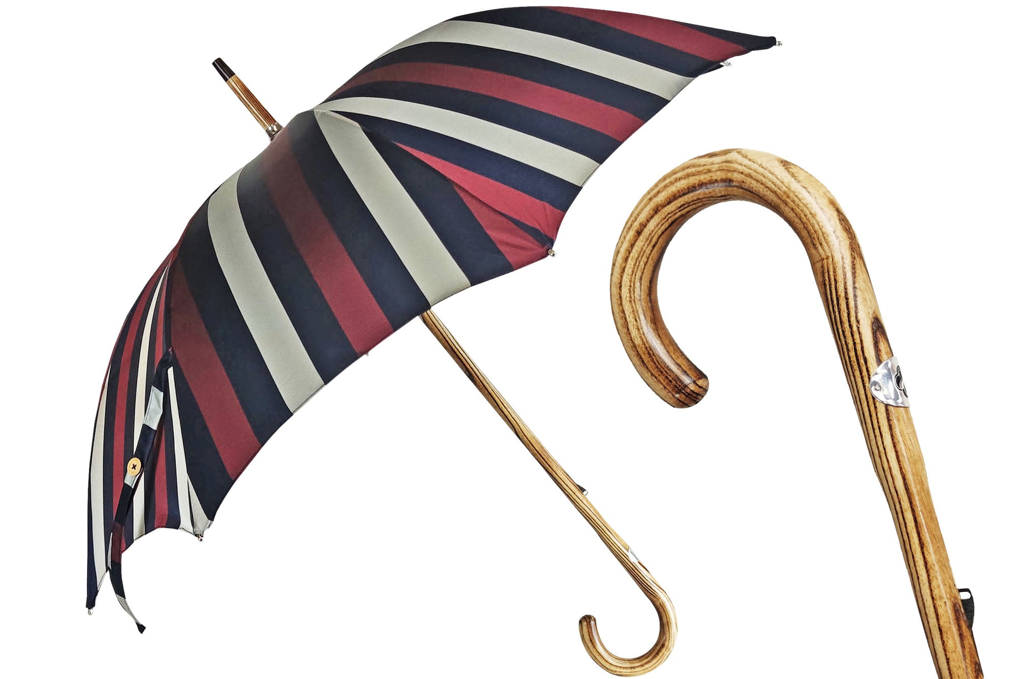 Handcrafted Beechwood Umbrella – Italian Striped Rain Umbrella with Jacquard Canopy
