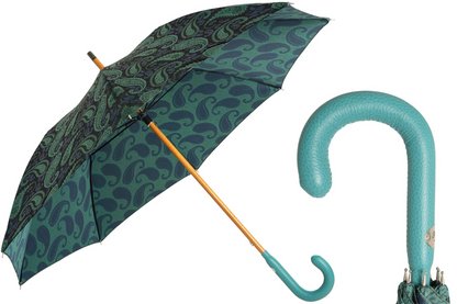 Turquoise Paisley Umbrella - Luxury Handmade Italian Rain Umbrella with Leather Handle