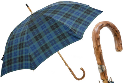 Blue Check Umbrella – Handmade Italian Classic Style with Wooden Handle