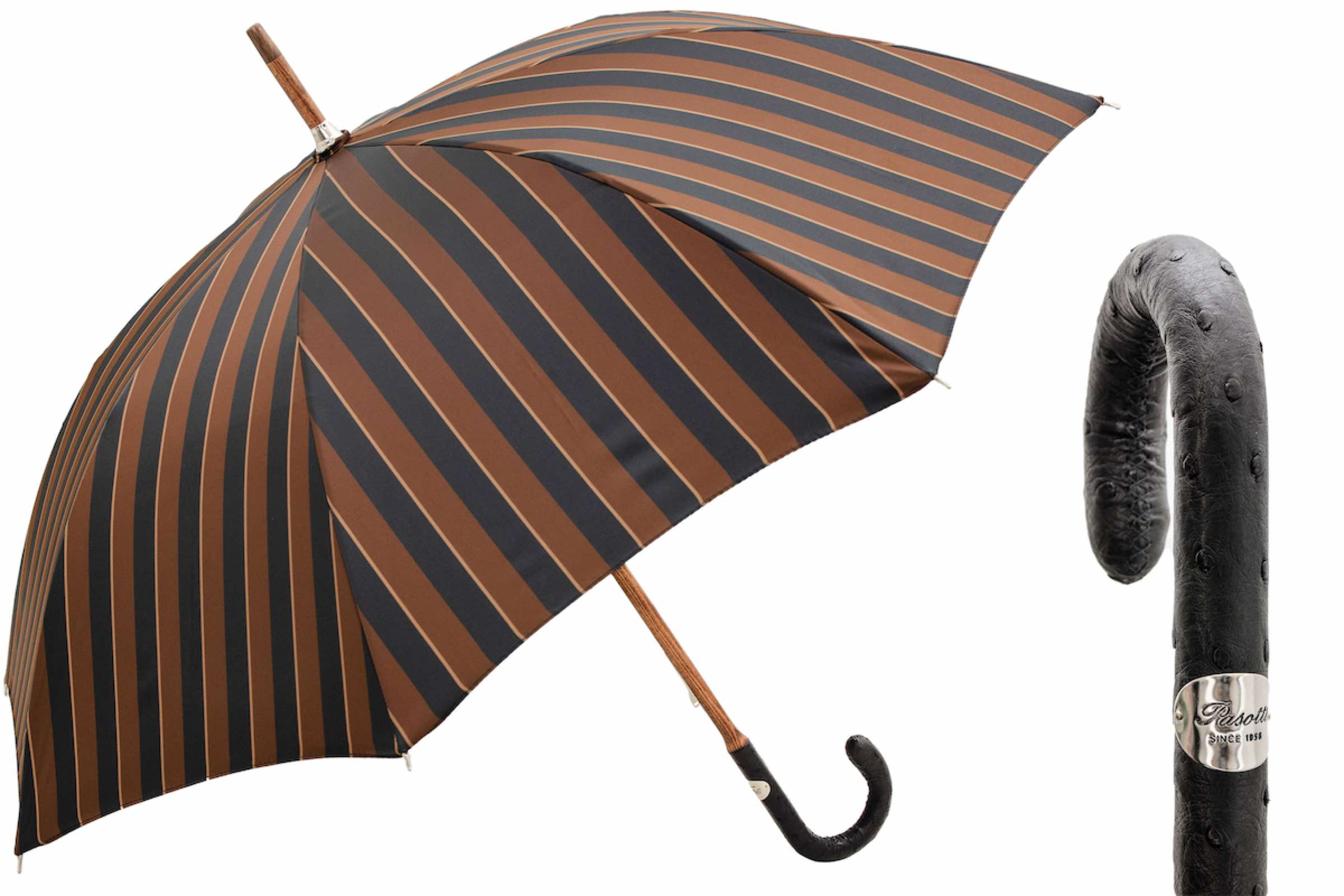 Large Striped Umbrella – Handmade Italian Luxury Leather Handle | Water-Resistant Canopy