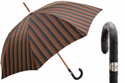 Large Striped Umbrella – Handmade Italian Luxury Leather Handle | Water-Resistant Canopy
