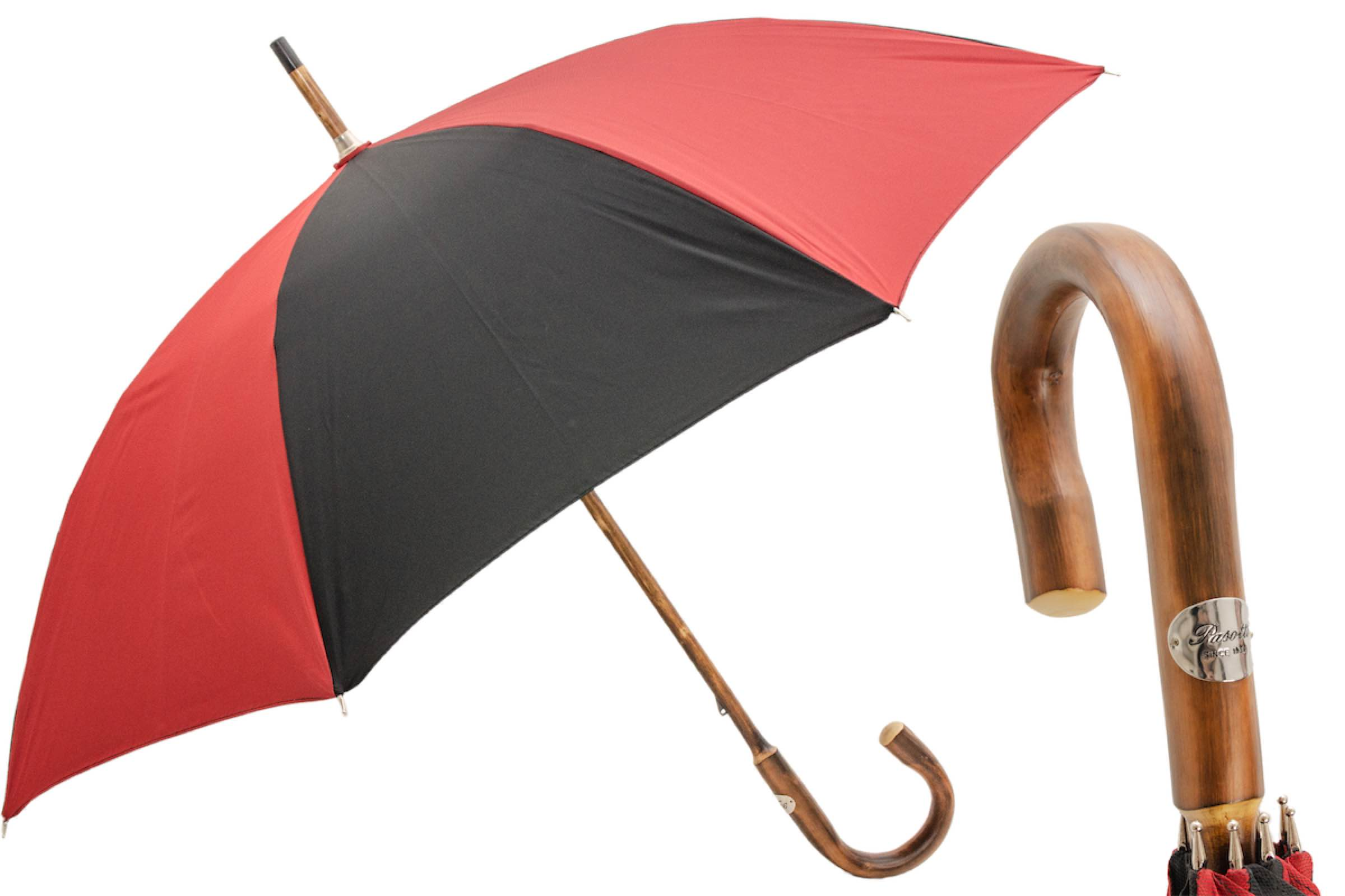 Chestnut Handle Umbrella – Handmade Italian Red Black Rain Umbrella with One-Piece Handle