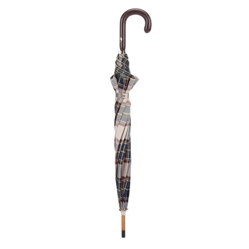 Brown Tartan Umbrella – Handmade Italian Leather Handle Rain Accessory