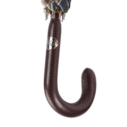 Brown Tartan Umbrella – Handmade Italian Leather Handle Rain Accessory