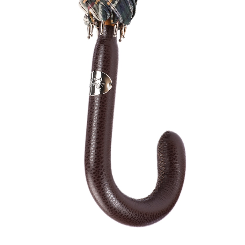 Brown Tartan Umbrella – Handmade Italian Leather Handle Rain Accessory