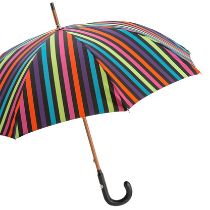 Luxury Designer Umbrella – Multicolor Striped Handmade Italian Rain Gear with Leather Handle