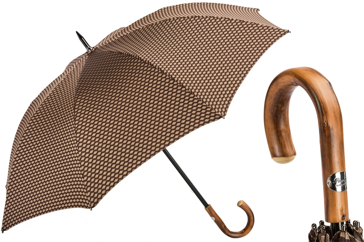 Geometric Jacquard Umbrella – Handmade Italian Chestnut Handle, Manual Open