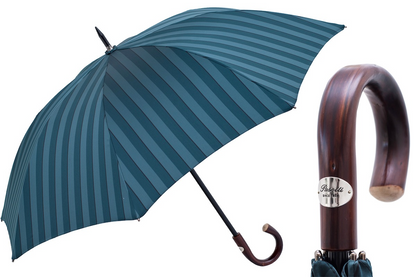 Large striped Pasotti umbrella featuring a dark chestnut handle, handmade in Italy, ideal for men.