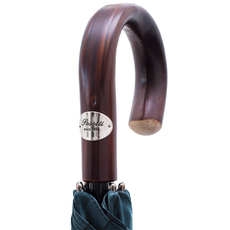 Large striped umbrella for men with a dark chestnut handle, handmade in Italy by Pasotti.
