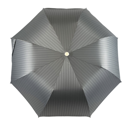 Men's Folding Umbrella – Gray Striped Compact Travel Umbrella with Leather Handle