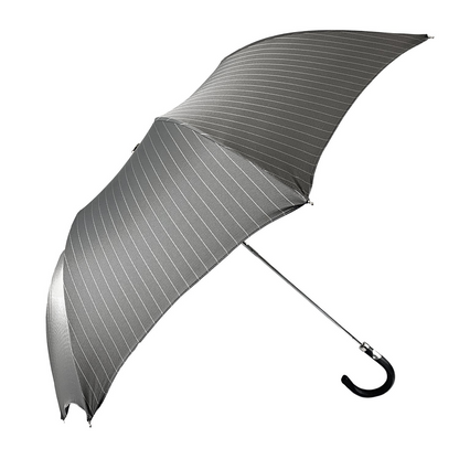 Men's Folding Umbrella – Gray Striped Compact Travel Umbrella with Leather Handle