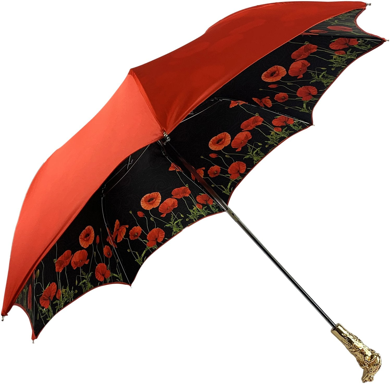 Luxury Umbrella - Red Poppy Design with 24K Gold Handle | Handmade Italian Double Canopy