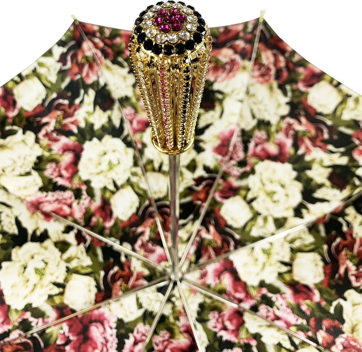 Luxury Floral Umbrella – Olive Green Double Canopy With Gold Crystal Handle