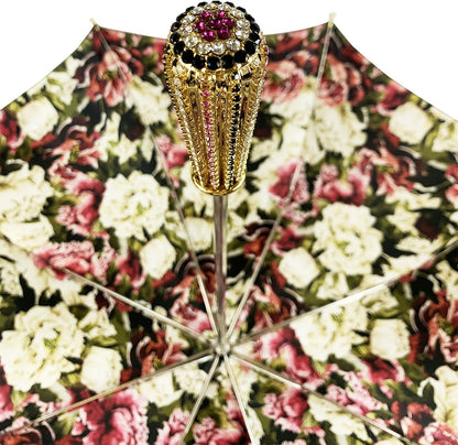 Luxury Floral Umbrella – Olive Green Double Canopy With Gold Crystal Handle