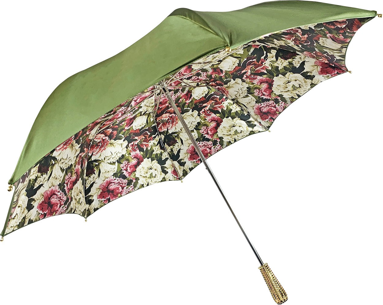 Luxury Floral Umbrella – Olive Green Double Canopy With Gold Crystal Handle