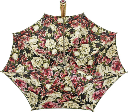 Luxury Floral Umbrella – Olive Green Double Canopy With Gold Crystal Handle