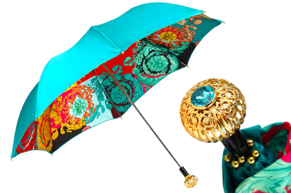 Turquoise Women's Umbrella – Deluxe Folding Rainproof Umbrella with Gold Handle