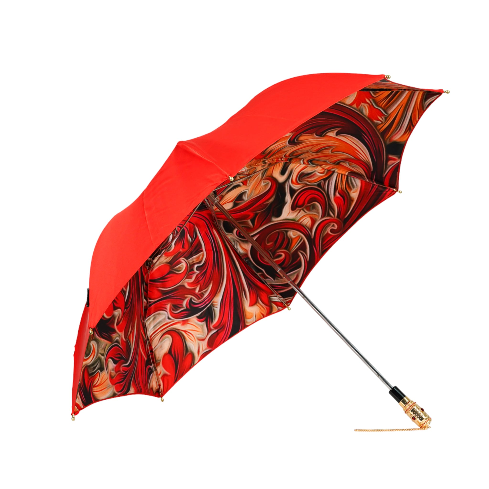 Red Women's Umbrella – Deluxe Folding Rain Umbrella with Gold Handle & Abstract Print