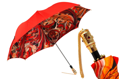 Red Women's Umbrella – Deluxe Folding Rain Umbrella with Gold Handle & Abstract Print