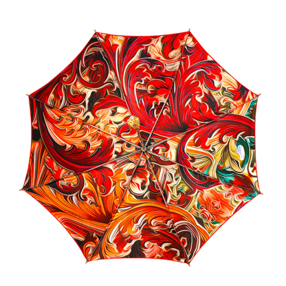 Red Women's Umbrella – Deluxe Folding Rain Umbrella with Gold Handle & Abstract Print