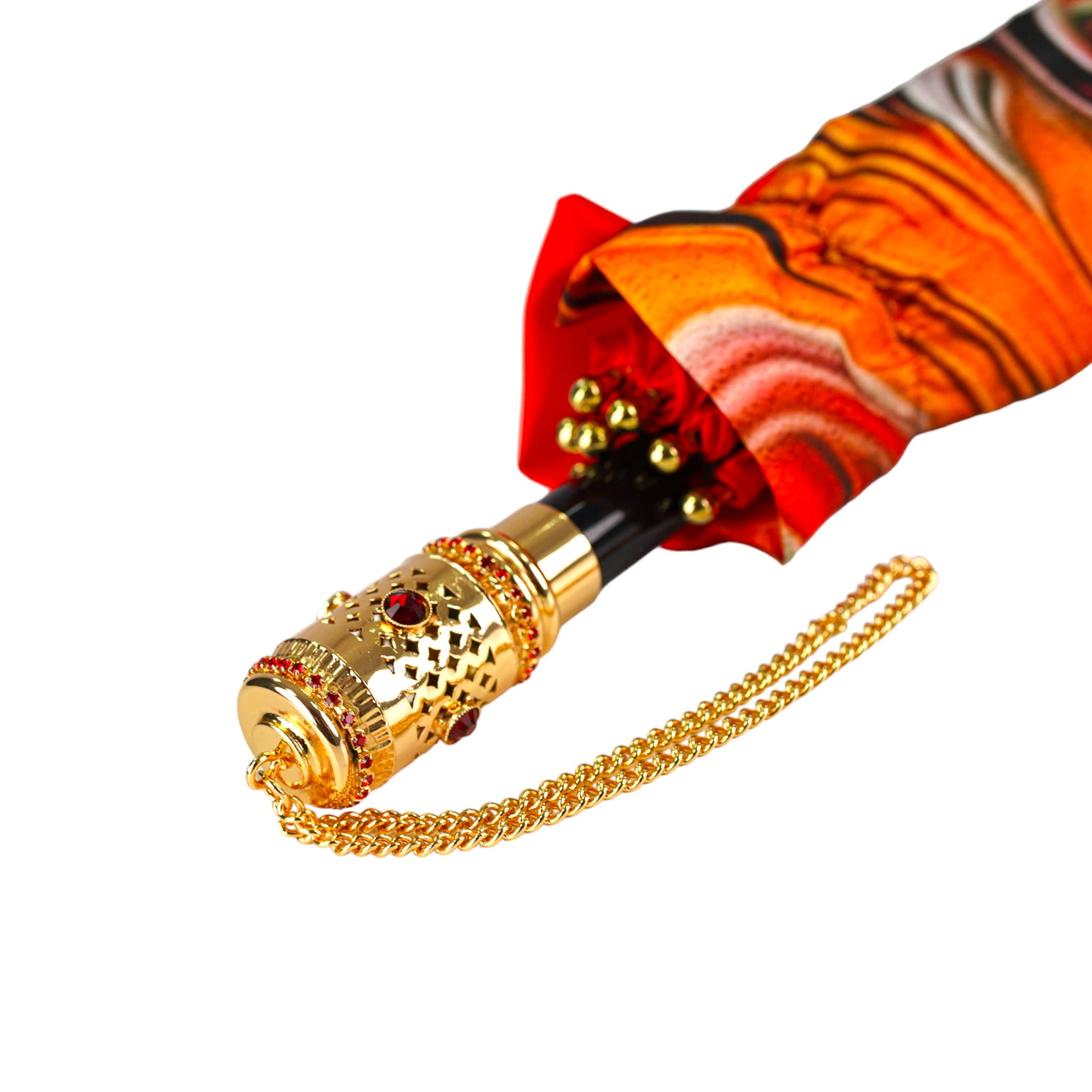 Red Women's Umbrella – Deluxe Folding Rain Umbrella with Gold Handle & Abstract Print