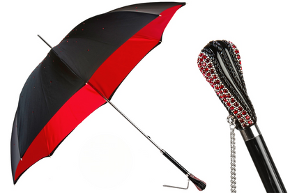 Swarovski Umbrella - Black Double Cloth Rain Umbrella with Red Interior & Crystal Handle