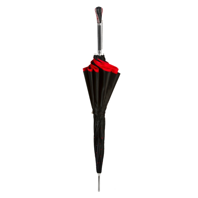 Swarovski Umbrella - Black Double Cloth Rain Umbrella with Red Interior & Crystal Handle