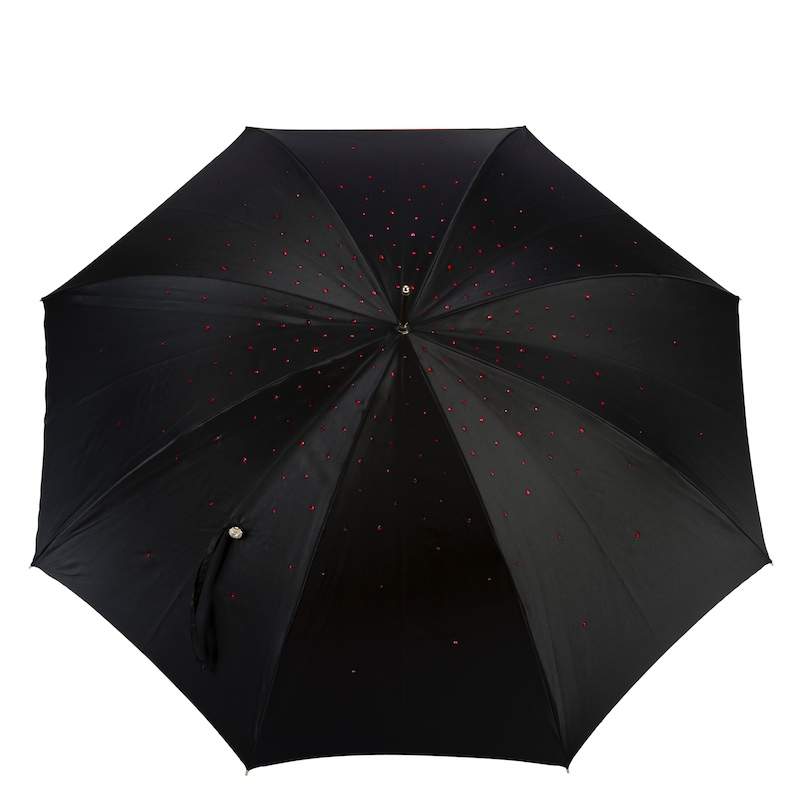 Swarovski Umbrella - Black Double Cloth Rain Umbrella with Red Interior & Crystal Handle