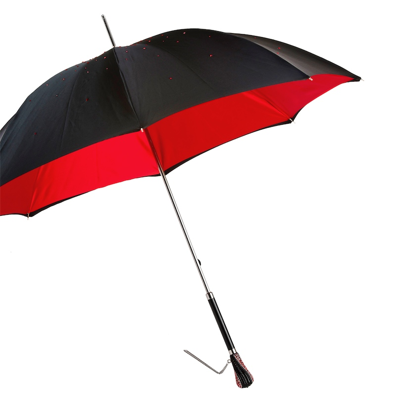 Swarovski Umbrella - Black Double Cloth Rain Umbrella with Red Interior & Crystal Handle