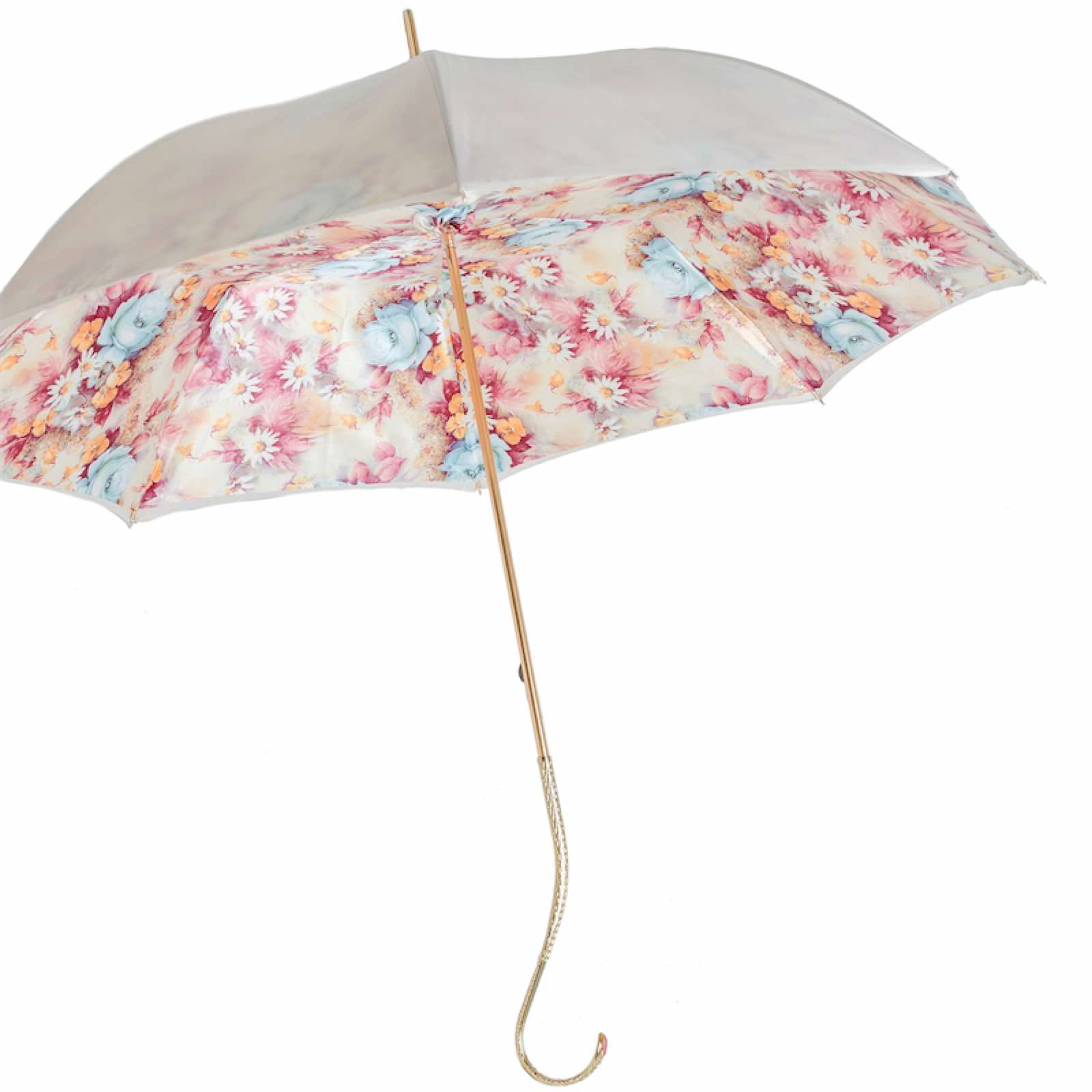Romantic Umbrella – Handmade Italian Flower Print Double Cloth Canopy, Brass Handle