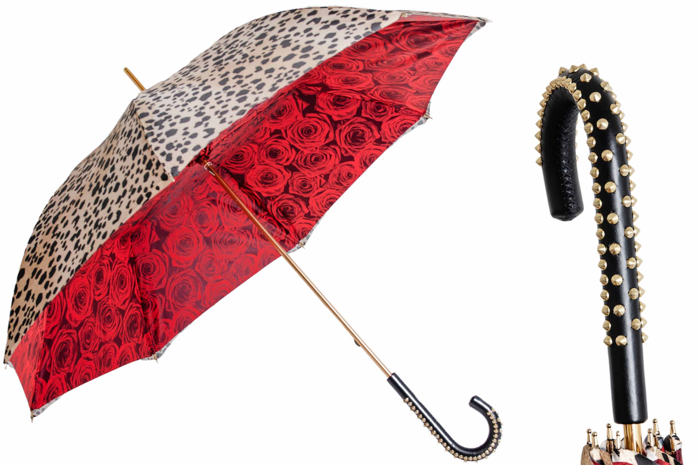 Handmade Italian Umbrella – Leopard & Rose Design | Manual Open, Leather Handle
