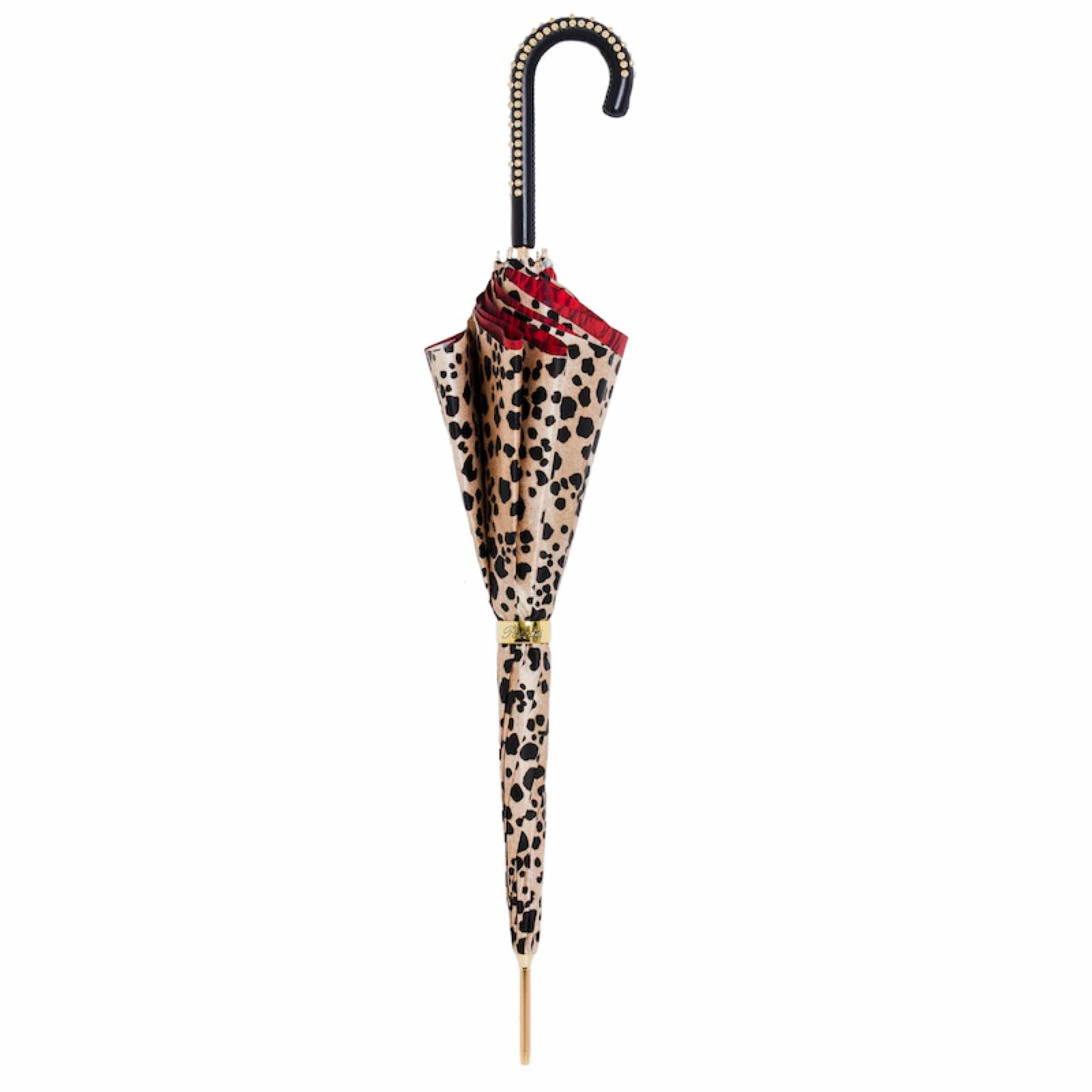 Handmade Italian Umbrella – Leopard & Rose Design | Manual Open, Leather Handle