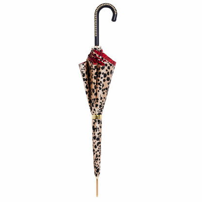 Handmade Italian Umbrella – Leopard & Rose Design | Manual Open, Leather Handle