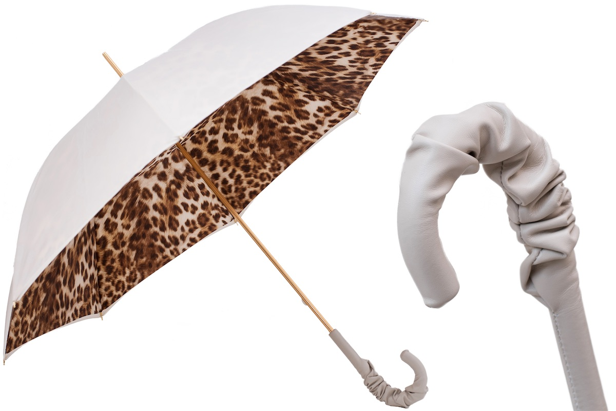 Leopard Print Umbrella – Handmade Italian Leather Handle Rain Canopy Gift Box