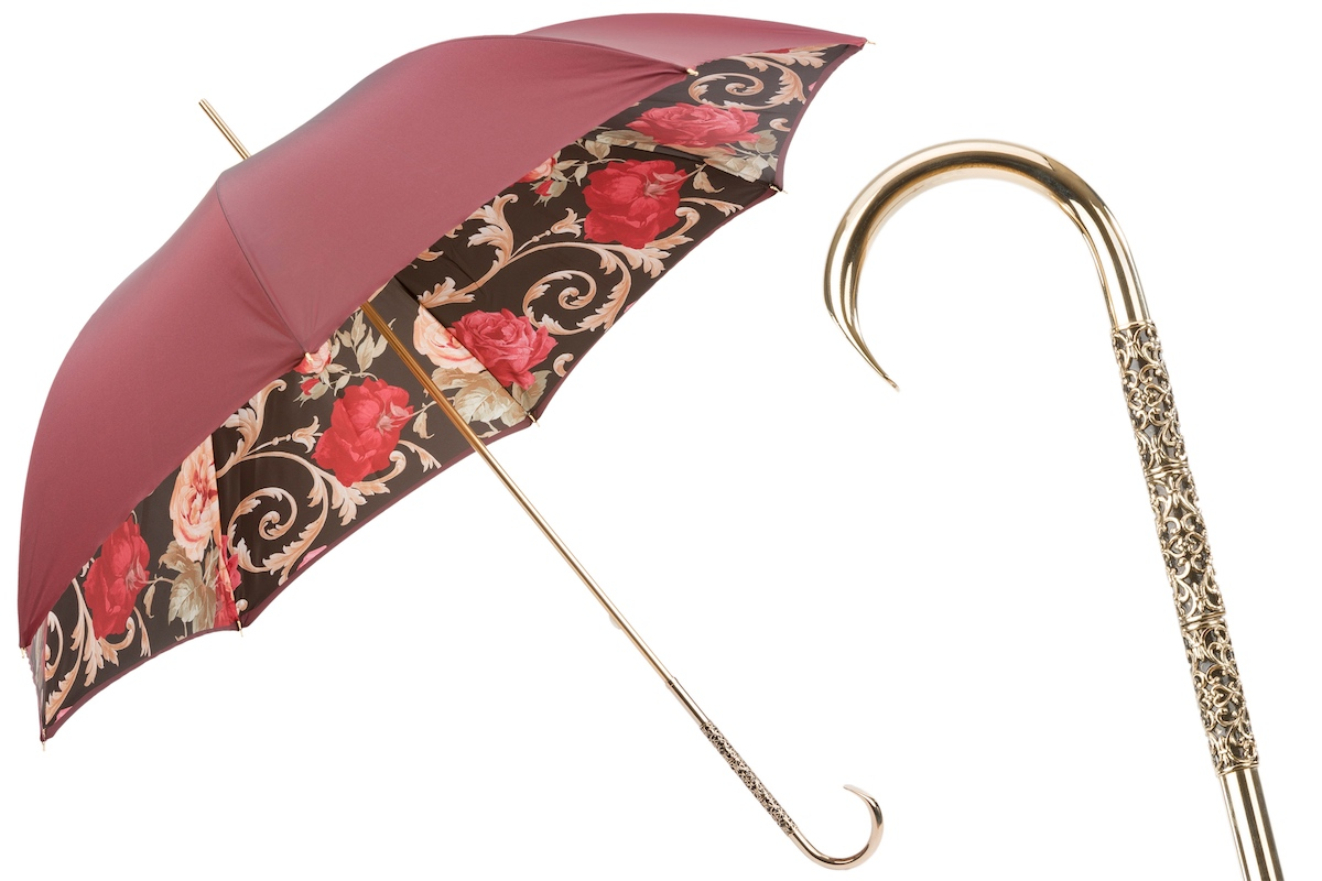 Vintage Umbrella – Burgundy Classic Rain Umbrella with Jeweled Brass Handle
