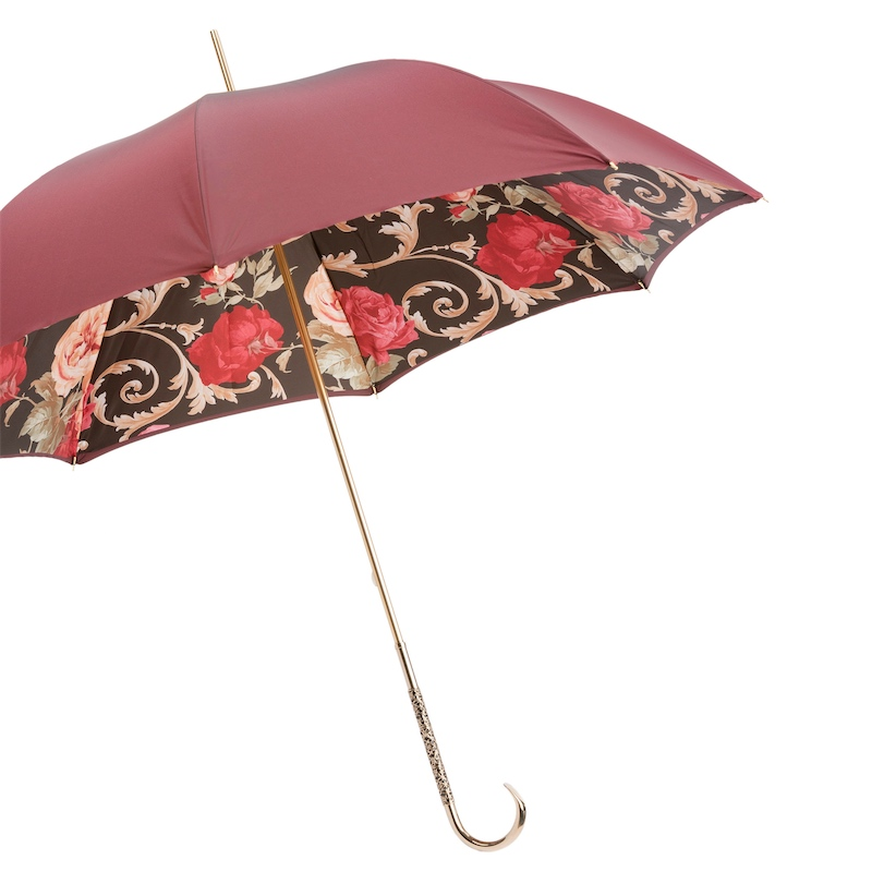 Vintage Umbrella – Burgundy Classic Rain Umbrella with Jeweled Brass Handle