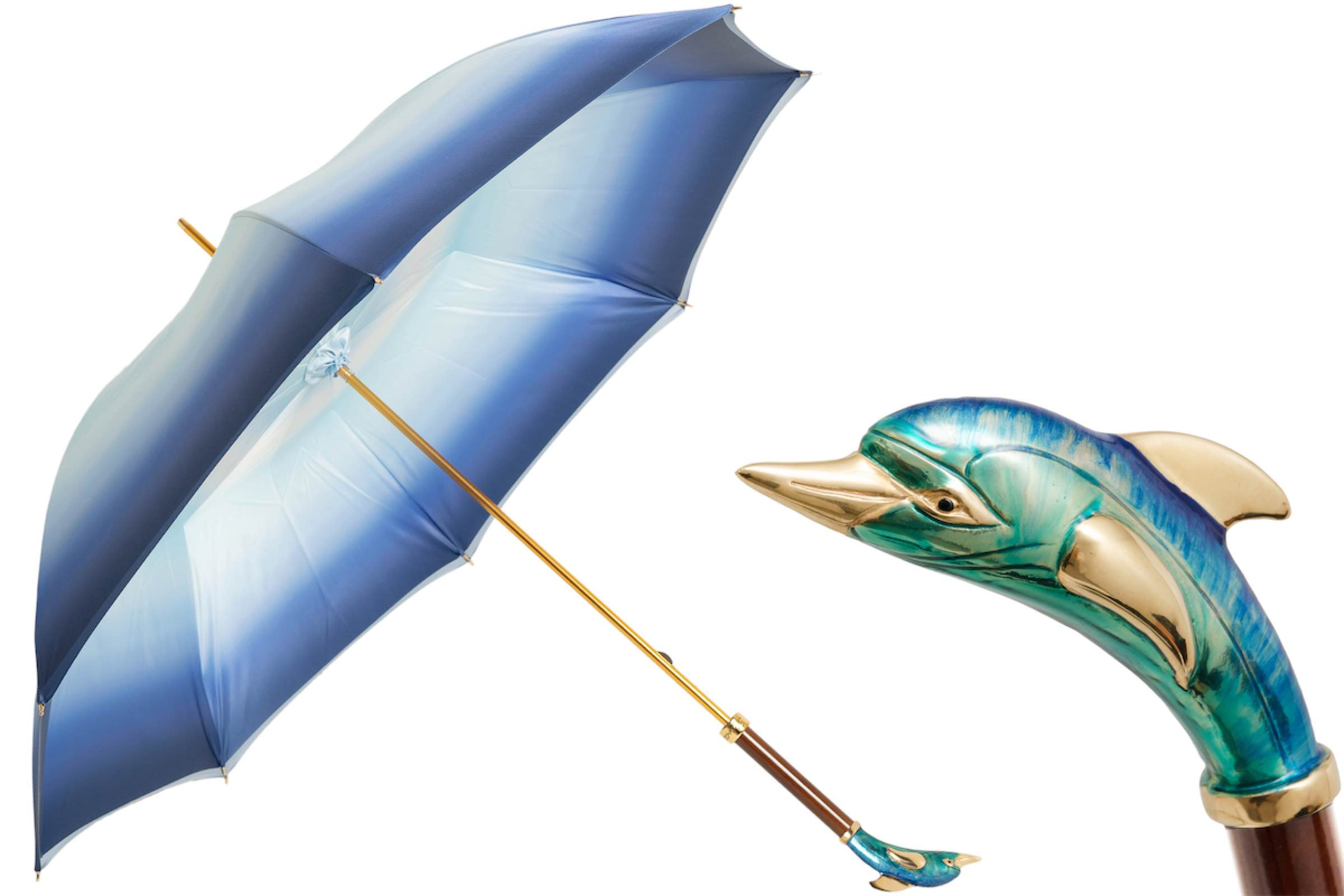 Designer Dolphin Umbrella – Handmade Italian Blue Rain Umbrella With Brass Handle