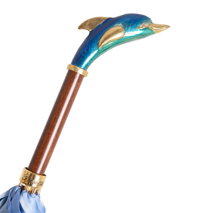 Designer Dolphin Umbrella – Handmade Italian Blue Rain Umbrella With Brass Handle