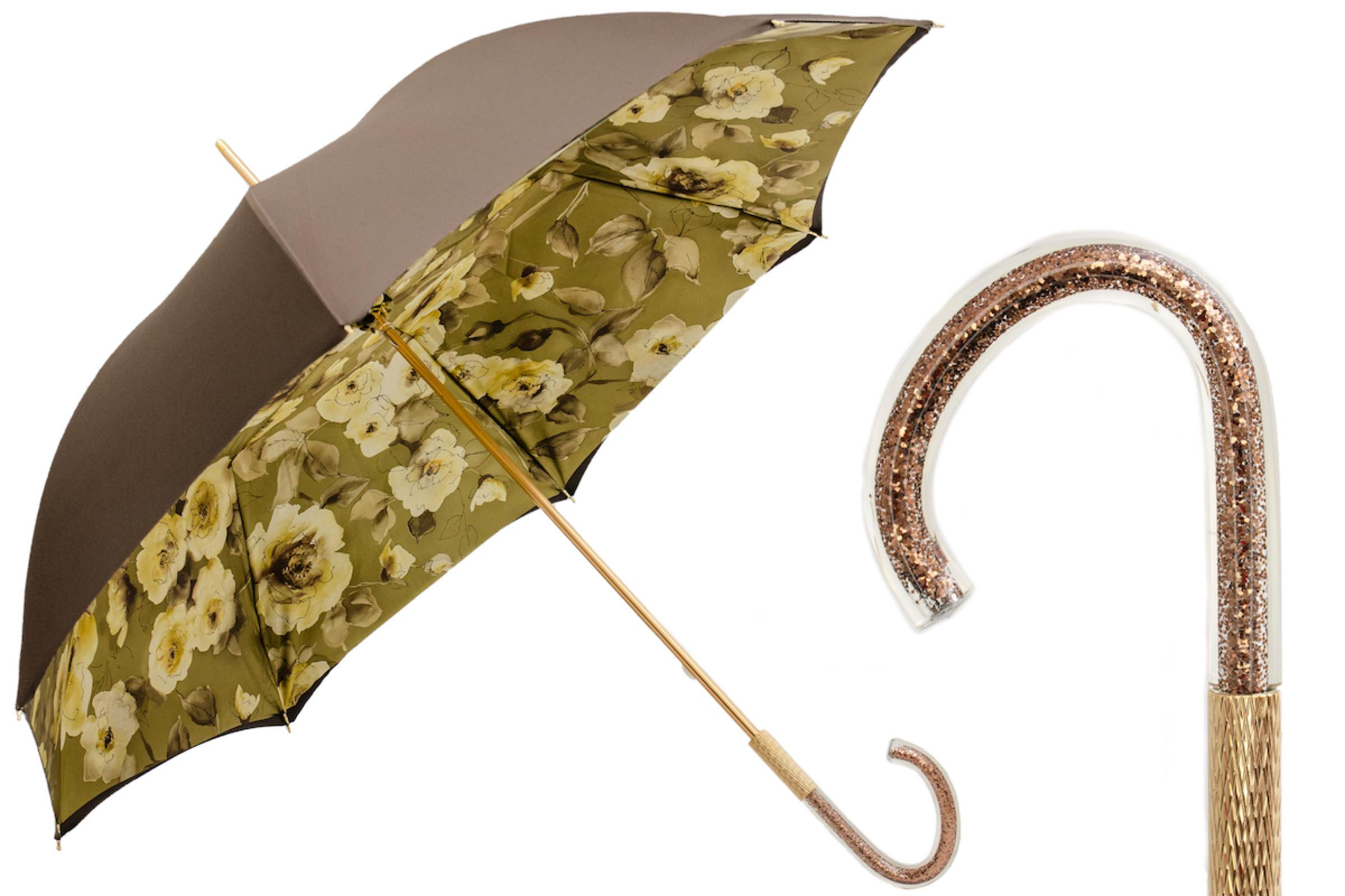 Khaki Umbrella – Handmade Italian Floral Glitter Rain Umbrella with Acetate Handle