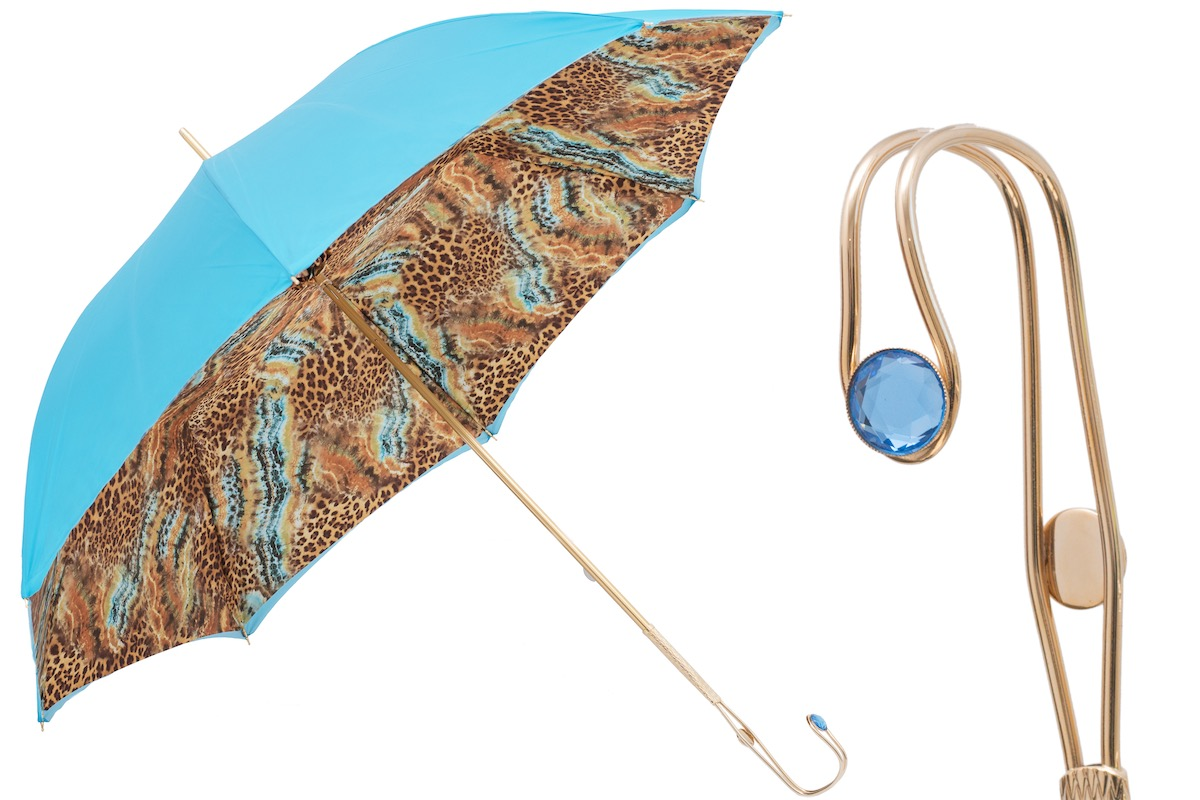 Animal Print Umbrella - Handmade Italian Double Cloth Canopy, Jeweled Brass Handle
