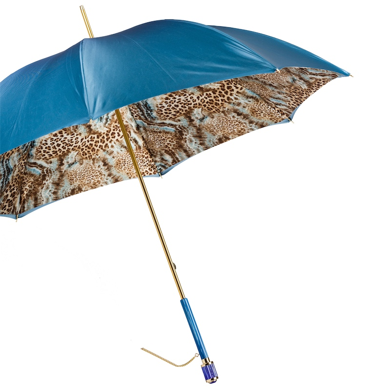 Blue Animalier Umbrella - Handmade Manual Rain Umbrella with Double Cloth Canopy