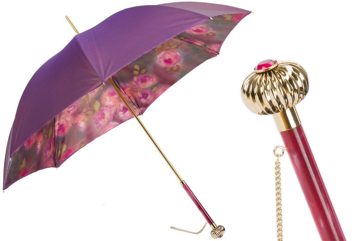 Purple Manual Umbrella – Double Cloth Rain Gear with Roses Print Interior