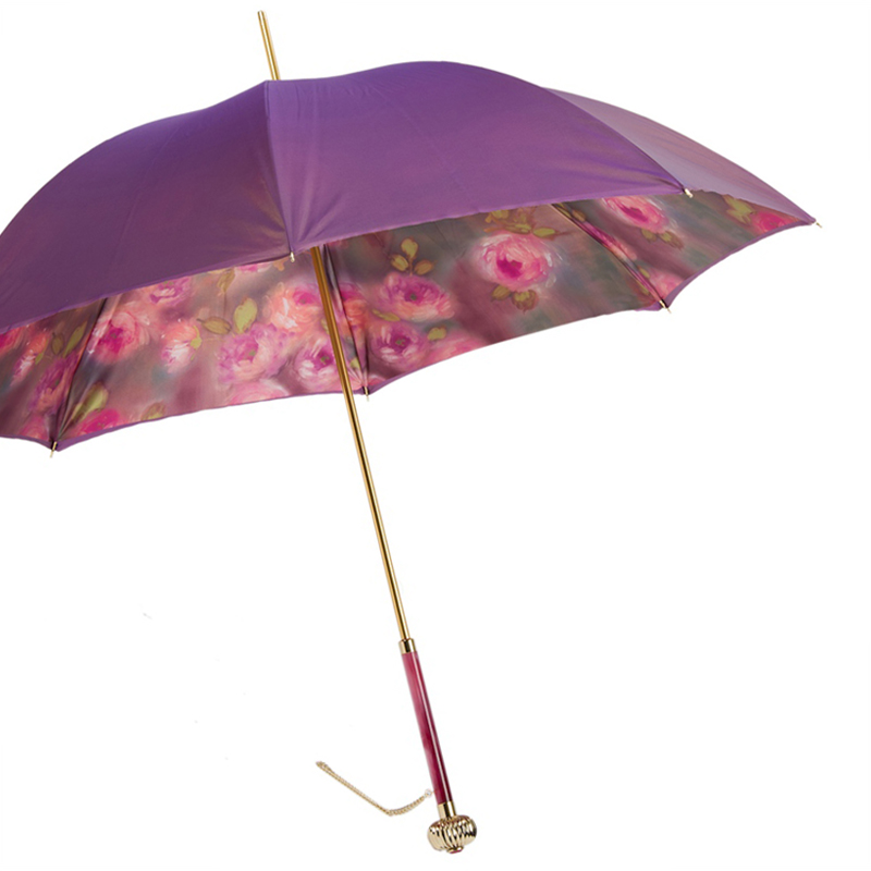 Purple Manual Umbrella – Double Cloth Rain Gear with Roses Print Interior