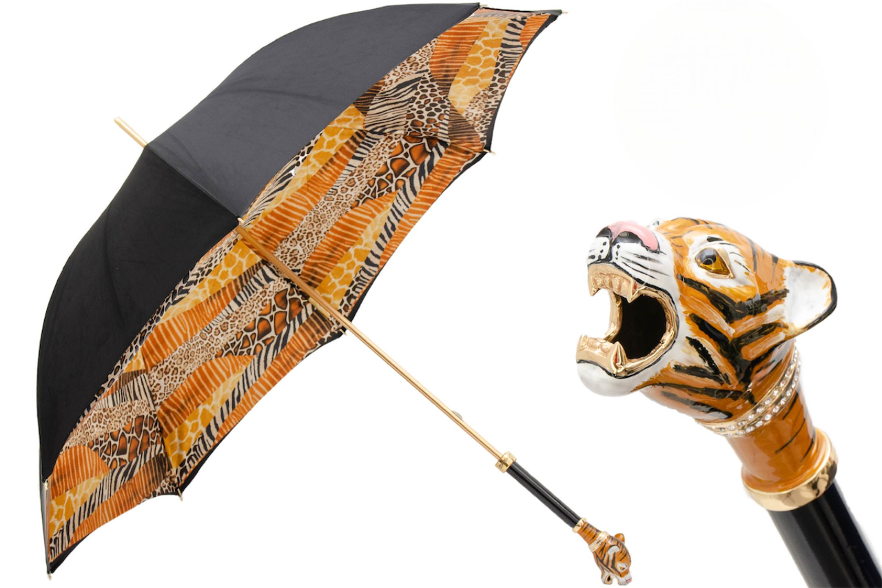 Tiger Handle Umbrella – Handmade Italian Double Cloth Rain Protection with Brass Handle