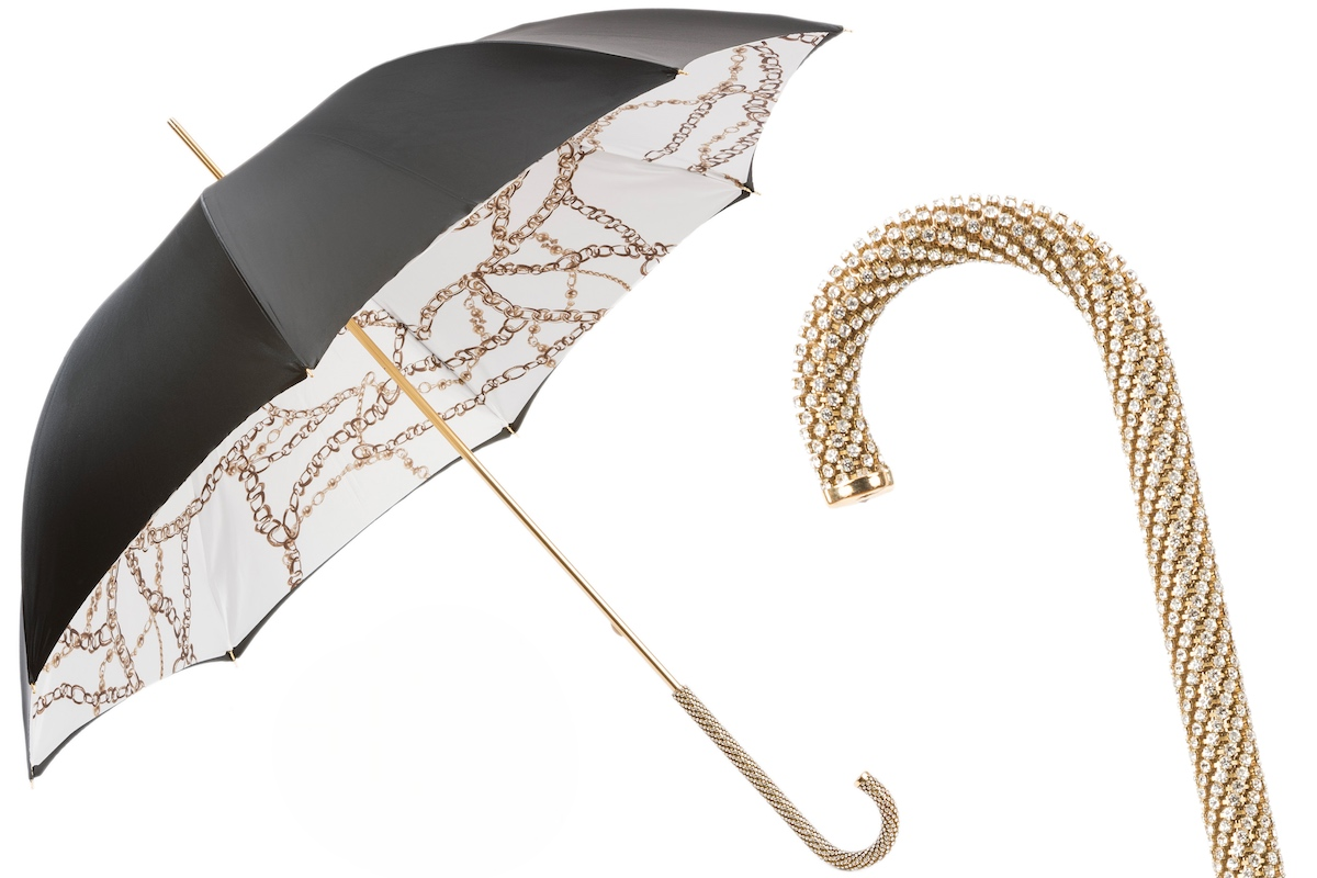 Black Umbrella – Chains Print with Swarovski Crystal Handle | Luxury Rain Gear