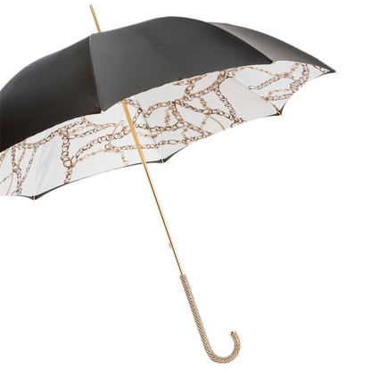 Black Umbrella – Chains Print with Swarovski Crystal Handle | Luxury Rain Gear