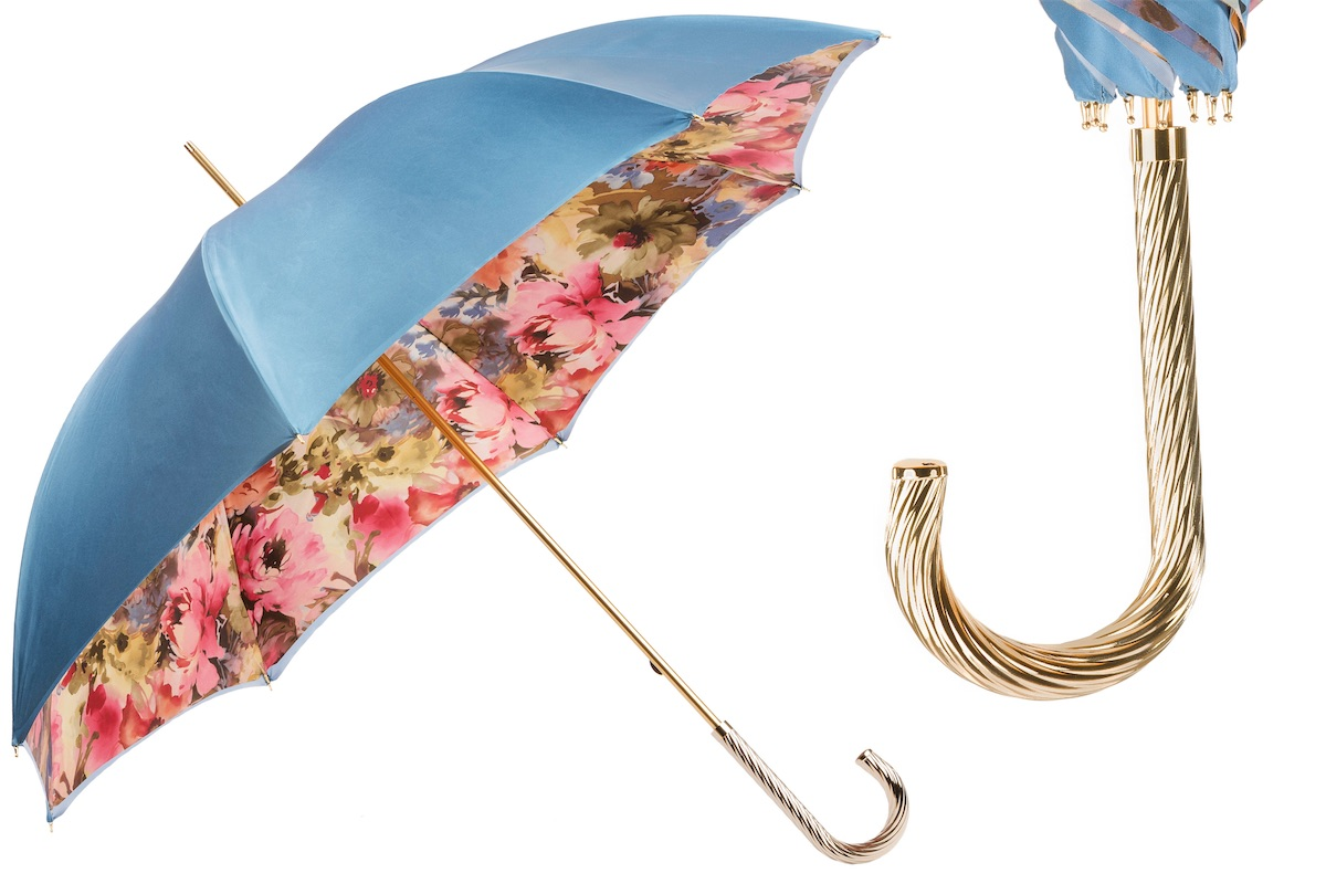 Blue Floral Umbrella – Manual Open Double Cloth Canopy with Jeweled Brass Handle
