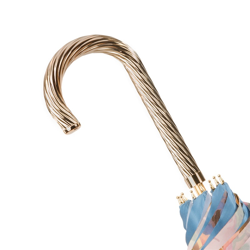 Blue Floral Umbrella – Manual Open Double Cloth Canopy with Jeweled Brass Handle