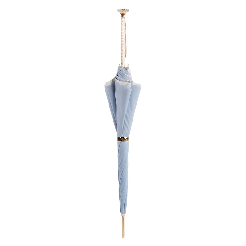 Double Cloth Umbrella - Light Blue Butterfly Pattern, Jeweled Brass Handle, Italian Handmade